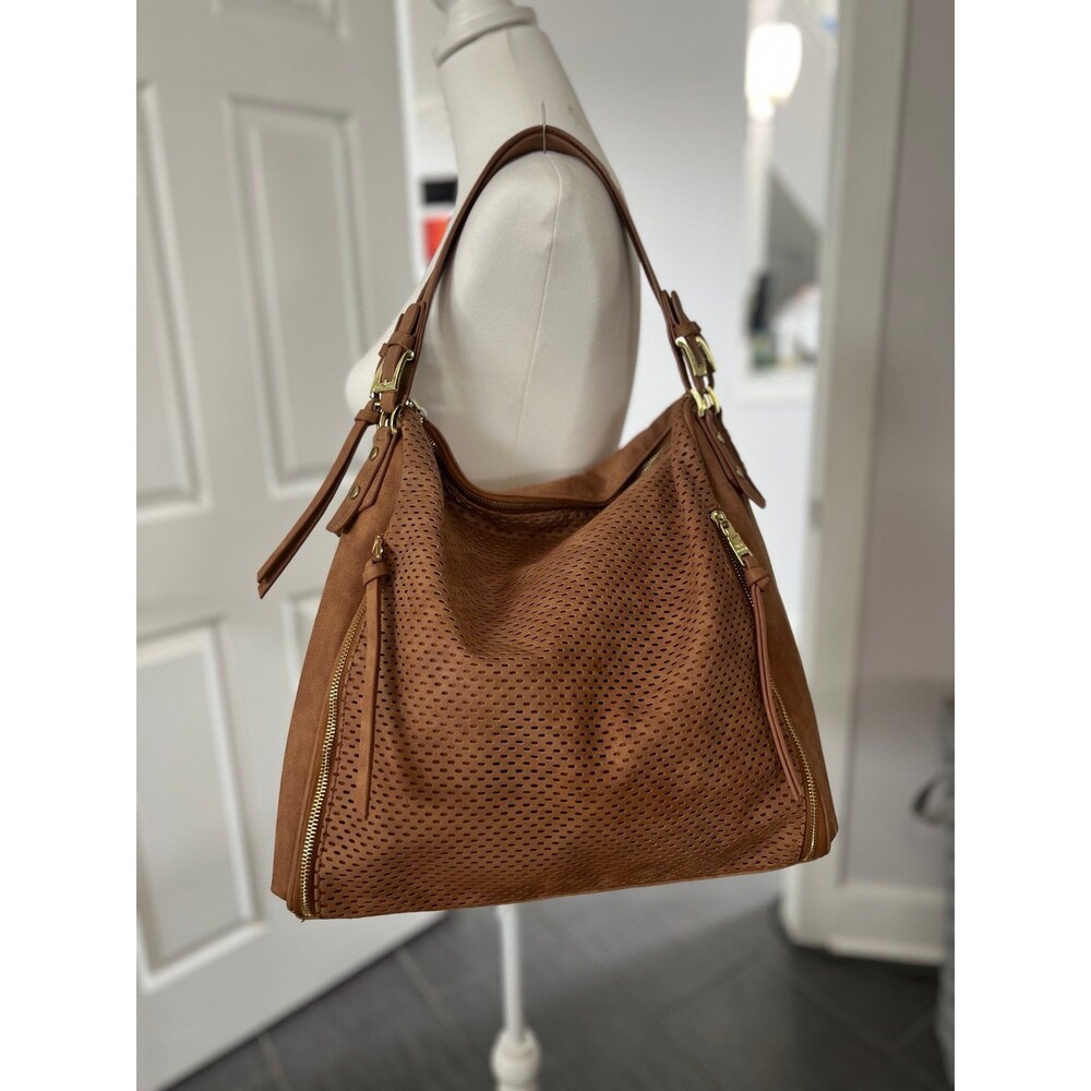 Steve Madden Camel Vegan Leather Perforated Hobo Shoulder Bag #306